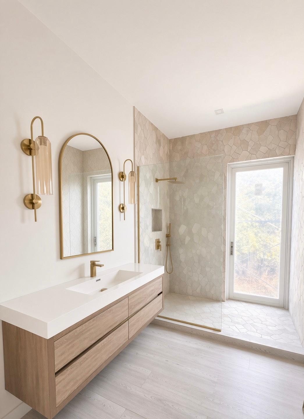 Bathroom with brass fittings and walk in shower