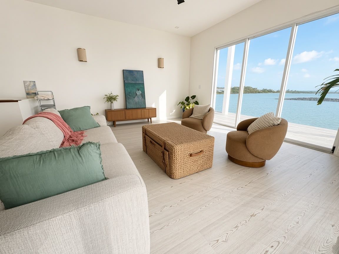 Living room with floor to ceiling sliding glass doors opening onto a deck over turquoise water